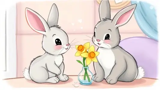 зайчики сидят рядом и смотрят на цветок