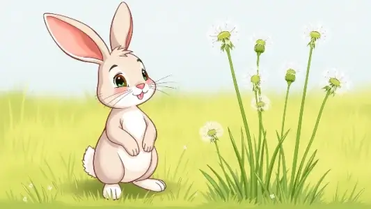 зайчик стоит рядом с одуванчиком