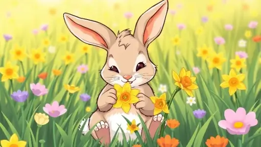 зайчик осторожно берет нарцисс